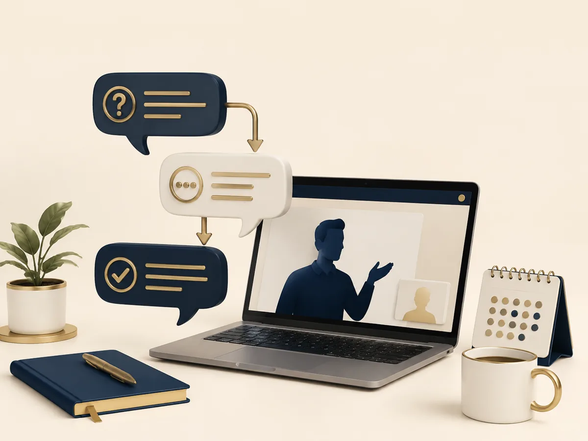 Online CELPIP guidance session with question and answer symbols, laptop, notebook and class calendar