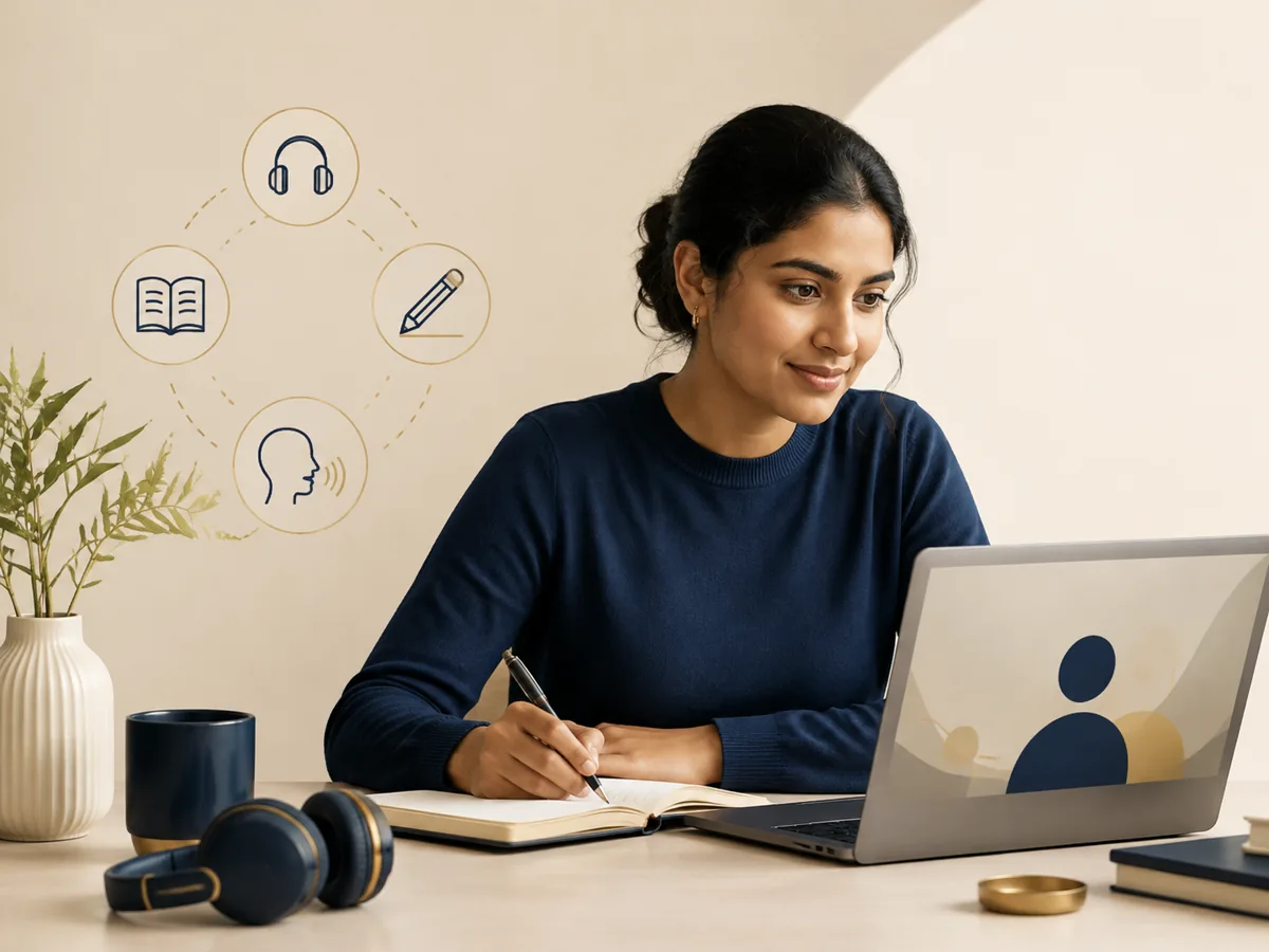 Adult learner attending online CELPIP coaching with a laptop, notebook and four module icons