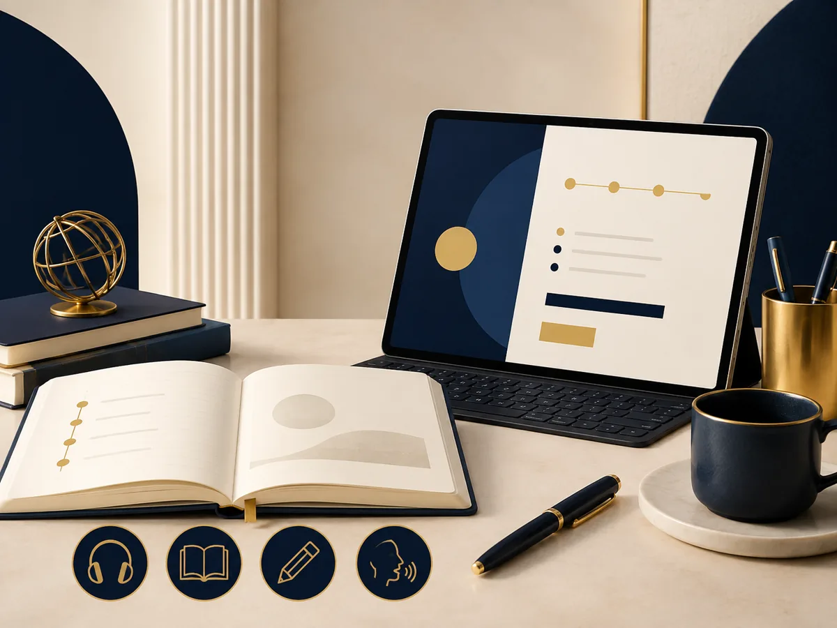 Structured CELPIP study desk with online lesson, notebook and Listening, Reading, Writing and Speaking icons